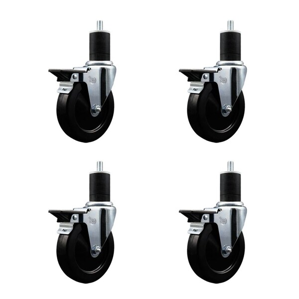 5'' Hard Rubber Swivel 1-3/4'' Expanding Stem Caster Set with Brake, 4PK